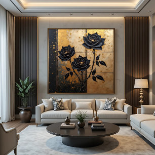 Impressão Em Tela Rosas Pretas Douradas: Elegância Sombria