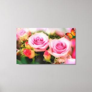 Impressão Em Tela Rosas rosa e borboleta