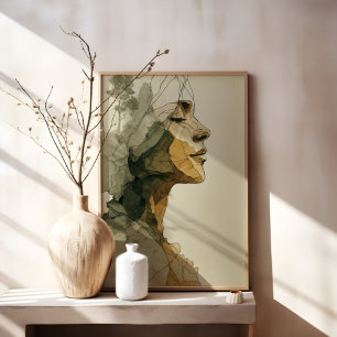 Impressão Em Tela Rosto de Mulher Abstrata Arte Boho Neutra Feminina