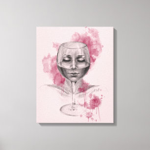 Impressão Em Tela Rosto de mulher em vinho, arte surreal de desenho