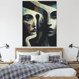Impressão Em Tela Rostos Abstratos Surreais Entrelaçados