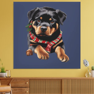 Impressão Em Tela Rottweiler de Natal Cachorro de Natal Usando um Ca