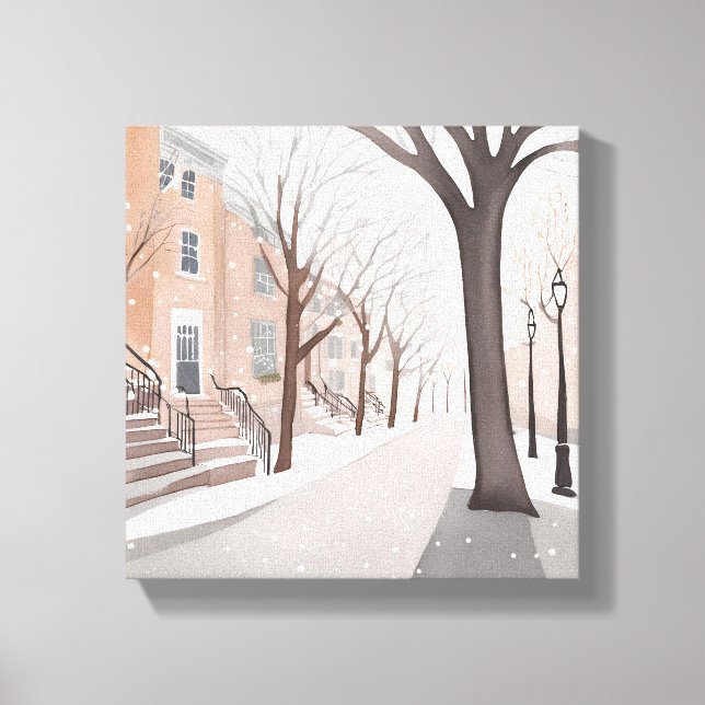 Impressão Em Tela Rua Brownstone | Snowy Winter Watercolor (Frente)