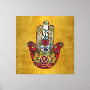 Impressão Em Tela Rubis Romã Coração Vermelho Pássaro Hamsa