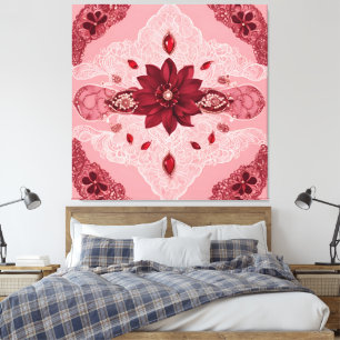 Impressão Em Tela Rubro Vermelho e Renda Branca Mandala Floral