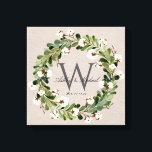 Impressão Em Tela Rustic Linen Wreath Monograma Wedding Keepske<br><div class="desc">Guarda-casamentos personalizados. Esta elegante e rustica arte de enrolar design de canvas de linho digital apresenta um fundo de textura de linho bege com uma bela folhagem de aquarela e uma corda de algodão que enquadra o clássico monograma de cinza escura. Os primeiros nomes do casal são escritos sobre o...</div>