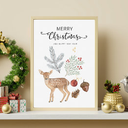 Impressão Em Tela Rustic Watercolor Deer e Botanicals Natal