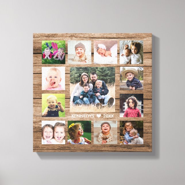 Impressão Em Tela Rustic Wood 13 Photo Collage Family Name (Frente)