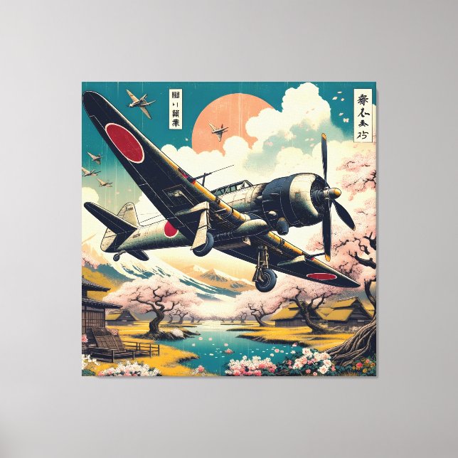 Impressão Em Tela Samurai Skies: Aeronaves Zero Japonesas Ukiyo-e (Frente)