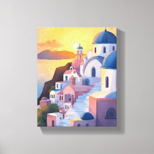 Impressão Em Tela Santorini, Grécia Pintura em Aquarela do Pôr do