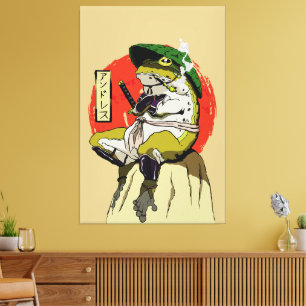 Impressão Em Tela Sapo Samurai com Estética de Sol Vermelho