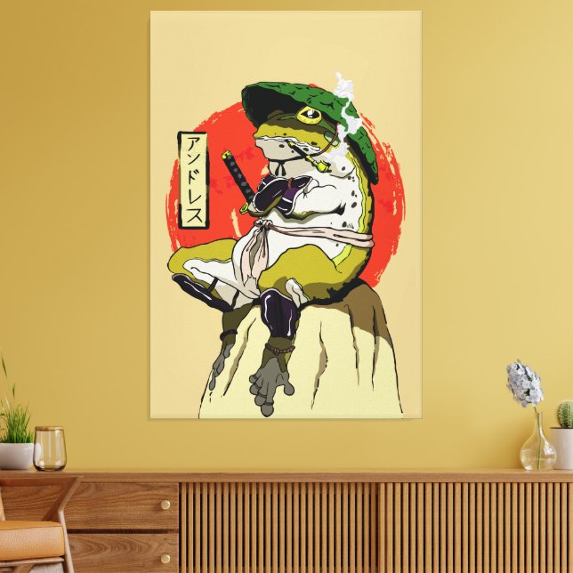 Impressão Em Tela Sapo Samurai com Estética de Sol Vermelho (Insitu(Sala de estar))