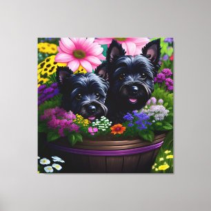 Impressão Em Tela Scottie Terrier Bonito Cuppies numa Cesta 9