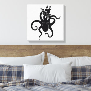 Impressão Em Tela Sea Monster Black and White Kraken com navio