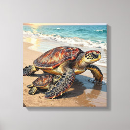 Impressão Em Tela Sea Turtle and Baby on Beach Illustration