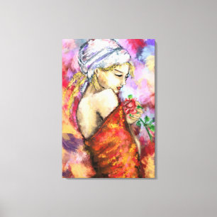 Impressão Em Tela Senhora com Rosa - Pintura Original da Mulher Abst