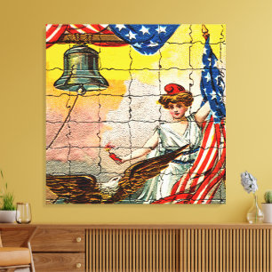 Impressão Em Tela Senhora Vintage, Águia, Bandeira e Sino da Liberda