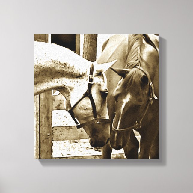 Impressão Em Tela Sepia Imagem de Dois Cavalos Acima-Fechado (Frente)
