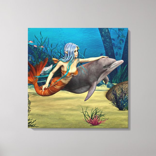 Impressão Em Tela Sereia com Golfinho (Frente)