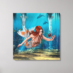 Impressão Em Tela Sereia de Cabelo Vermelho Arte de Fantasia Subaquá