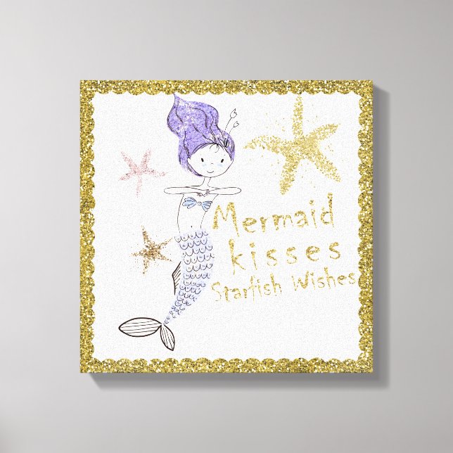 Impressão Em Tela Sereia Dourada Roxa Deseja Beijos de Starfish (Frente)