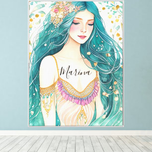 Impressão Em Tela Sereia Princesa Floral Fantasia Dourada Teal Etére