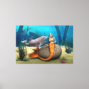 Impressão Em Tela Sereia Sonhadora Golfinho Arte Fantasia Subaquátic