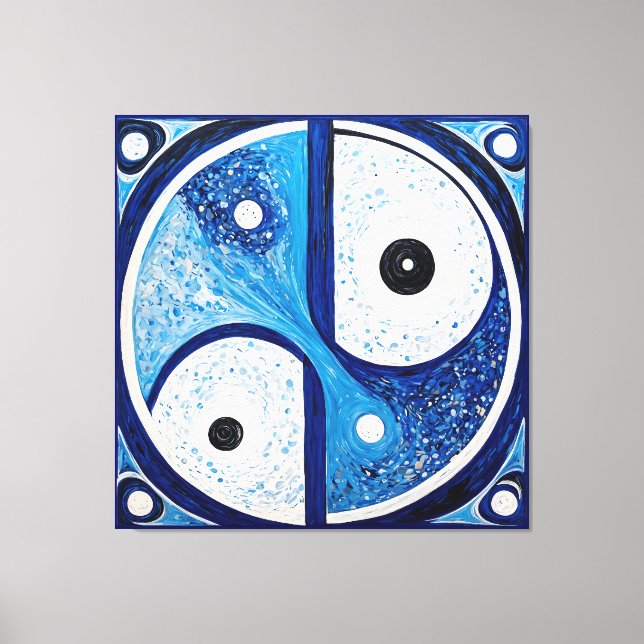 Impressão Em Tela Serenidade Geométrica: Yin Yang Azul e Branco (Frente)