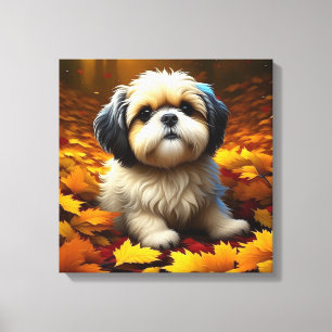 Impressão Em Tela Shih Tzu Puppy Dog Brincando em Folhas de outono