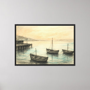 Impressão Em Tela Silêncio Harbour Sunrise Charcarboneto e Aquarela