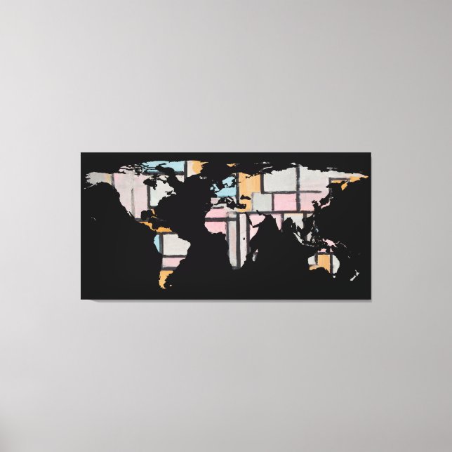 Impressão Em Tela Silhouette do Mapa Mundial - Abstrato Piet Mondria (Frente)