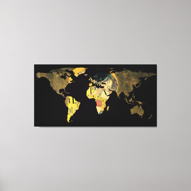 Impressão Em Tela Silhouette do Mapa Mundial - O Kiss Gustav Klimt (Frente)