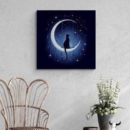Impressão Em Tela Silhueta de gato balançando da lua crescente