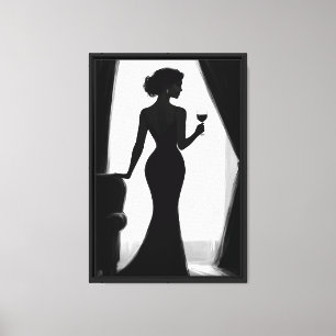 Impressão Em Tela Silhueta Elegante de Mulher com Vidro de Vinho