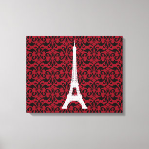 Impressão Em Tela Silhueta em torre Eiffel, Damask - Vermelho preto 