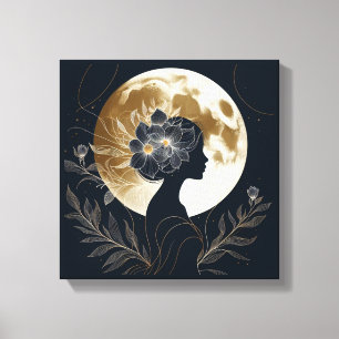 Impressão Em Tela Silhueta Feminina com Elegância da Lua Dourada