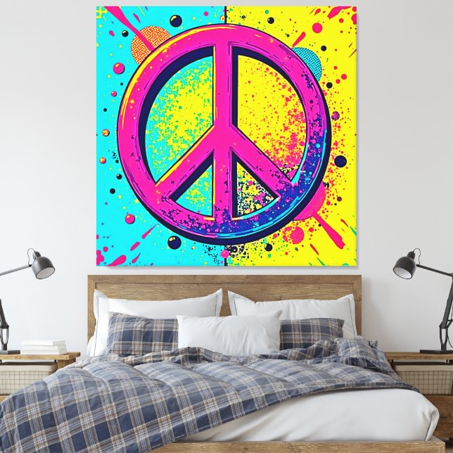 Impressão Em Tela Sinal de Paz Retro Colorido (Insitu(Quarto))