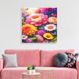 Impressão Em Tela Sinfonia Floral Vibrante com Borboletas