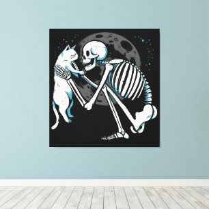 Impressão Em Tela Skeleton Cat Amigo da Lua Arte Noturna