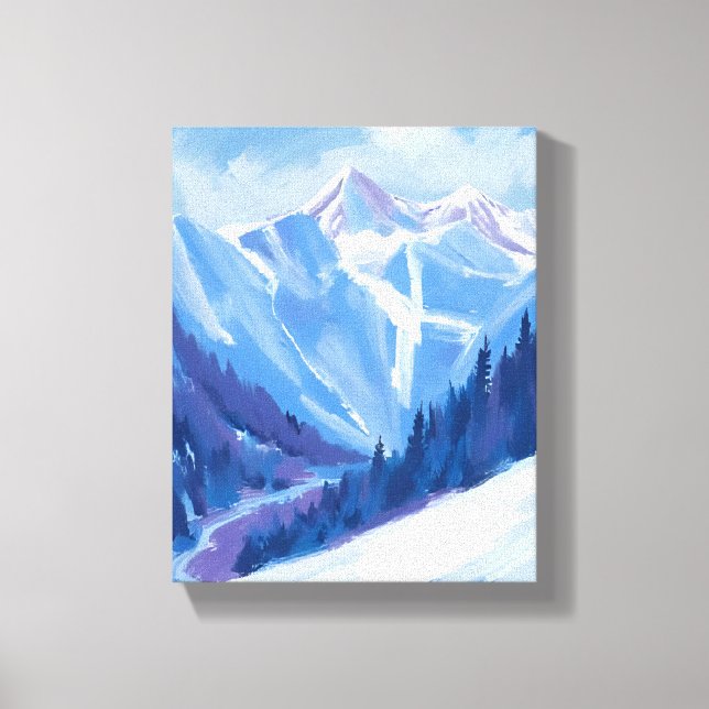 Impressão Em Tela Ski Mountain | Blue Watercolor Mountain Range (Frente)
