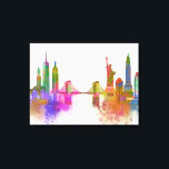 Impressão Em Tela Skyline de Nova York - Arco-íris<br><div class="desc">Skyline Rainbow Bright de Nova York, por Fab Funky. Apresenta marcas de Nova Iorque famosas em estilo aquarela usando um arco-íris de cores.</div>