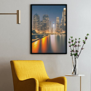 Impressão Em Tela Skyline noturno com Lua cheia: pintura digital ati