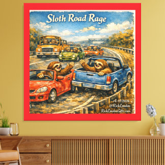 Impressão Em Tela Sloth Road Rage – Rockwell‑Inspired Watercolor Car
