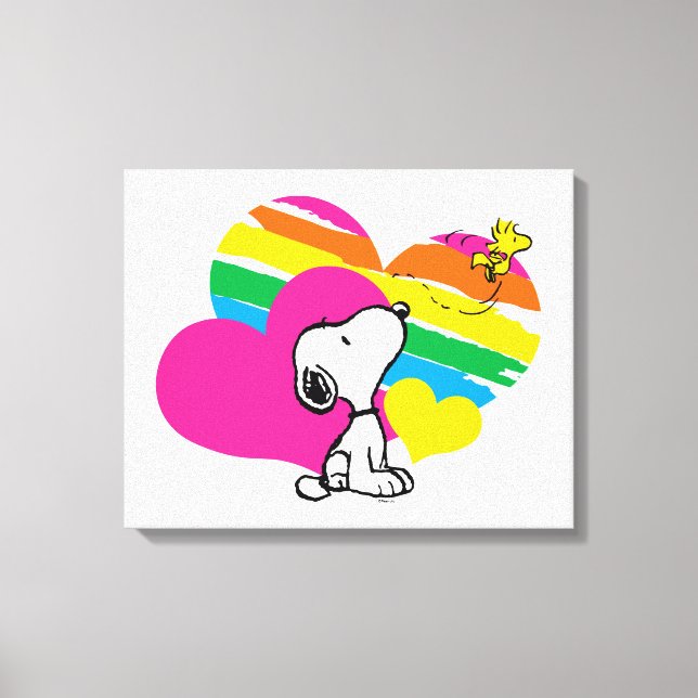 Impressão Em Tela Snoopy e Woodstock | Corações Arco-Íris (Frente)