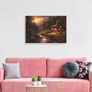 Impressão Em Tela "Solidão Dourada: Cabana de Montanha Estilo Impast