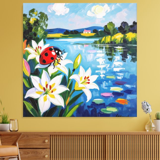Impressão Em Tela „Sommerglück am See – Marienkäfer auf Lilien“ (Insitu(Sala de estar))