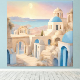 Impressão Em Tela Sonhador Santorini Grécia Aquarela - Cúpula Azul