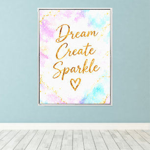 Impressão Em Tela Sonhar Criar Brilho Pastel Aquarela Dourado Rosa