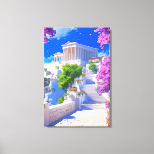 Impressão Em Tela Sonho Grego Paisagem, Edifícios Brancos & Rosa
