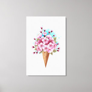 Impressão Em Tela Sorvete Waffle Rosa Sakura Cone